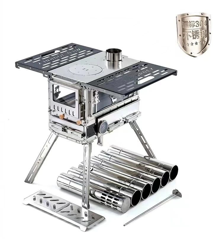 All-In-One Stainless Steel Foldable Camping Oven Multi-Function Pellet and Wood Stove with Burning Feature