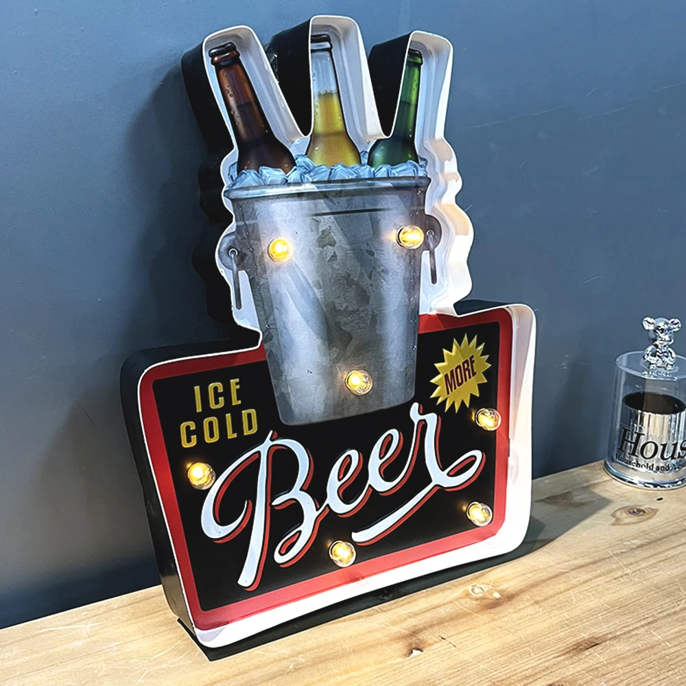 Cold Beer Tin Signs,Vintage Metal Plates, Handmade Light Up Retro Metal Sign, for Cafe, Bar, Kitchen, Living Room Wall Decor