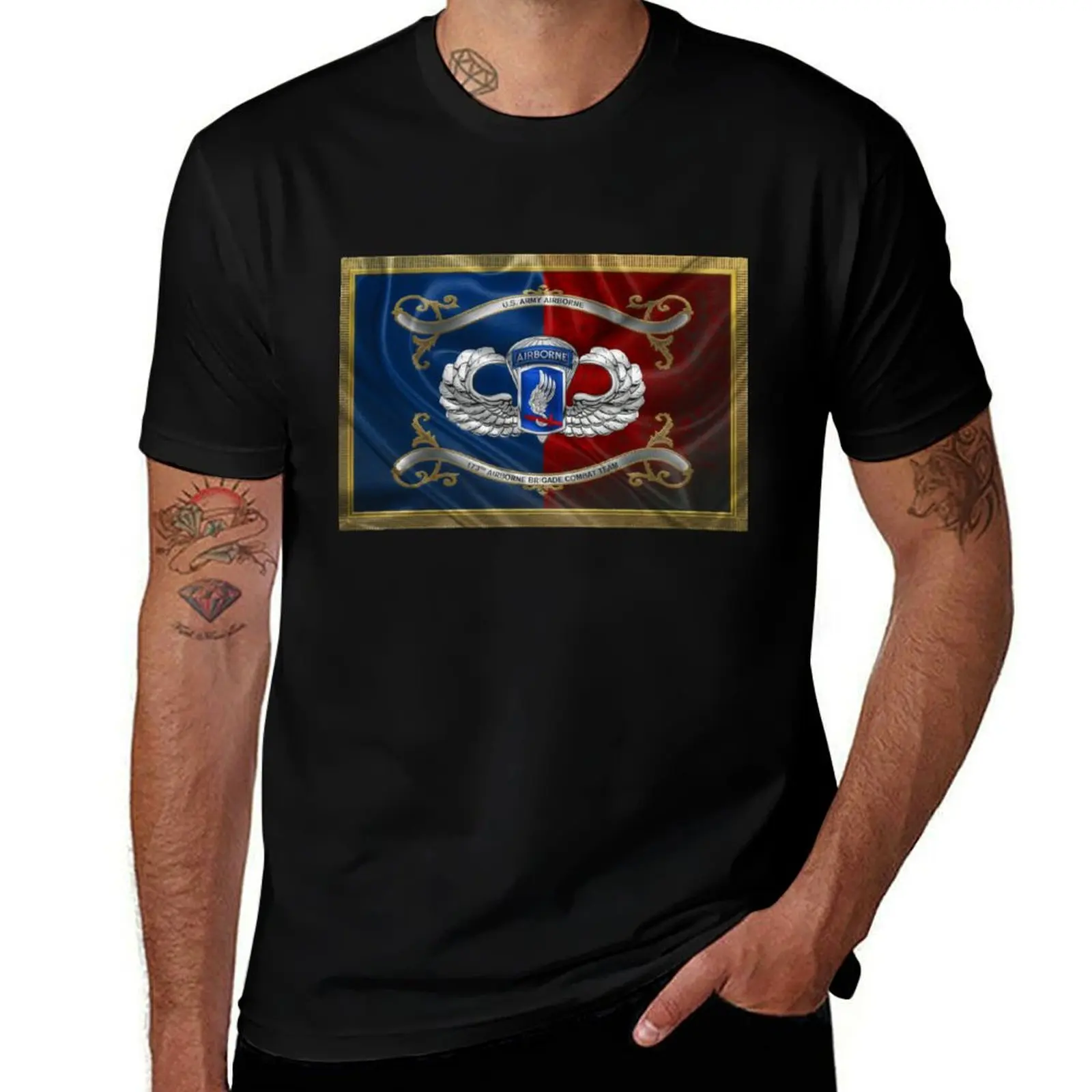 173rd Airborne Brigade Combat Team - 173rd ABCT Insignia with Parachutist Badge over Flag T-Shirt Quick Dry Travel T-Shirt