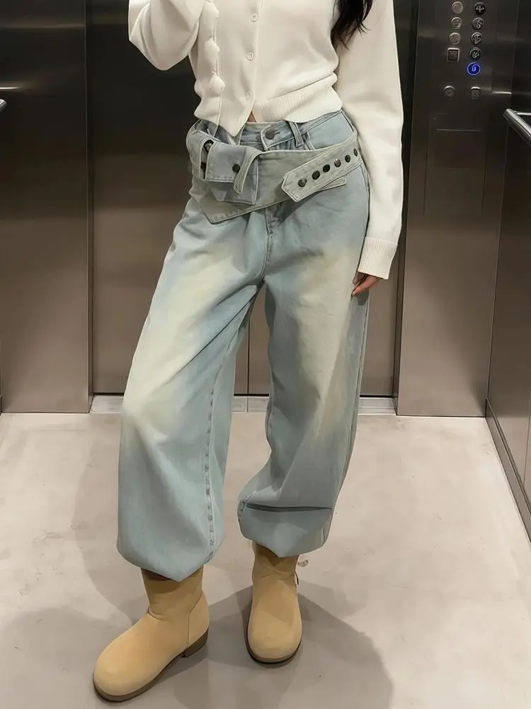 2025 Trend Y2K Style Vintage Blue Patchwork Baggy Women's Stacked Jeans Pants For Woman Clothing Straight Loose Denim Trousers