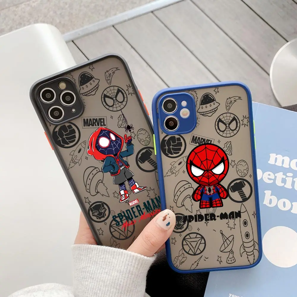 Spider man Phone Case For Apple iPhone 14 15 Plus 11 13 Pro Max 12 Mini XS XR 7 8 15 Pro Frosted Cover Spider Miles Morales Gwen