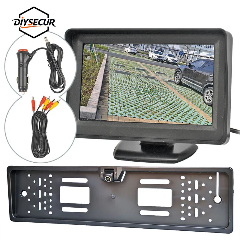 DIYSECUR 1920x1080 4.3inch AHD IPS Screen Car Monitor AHD Rear View Backup Car Camera European Car License Plate Frame Camera