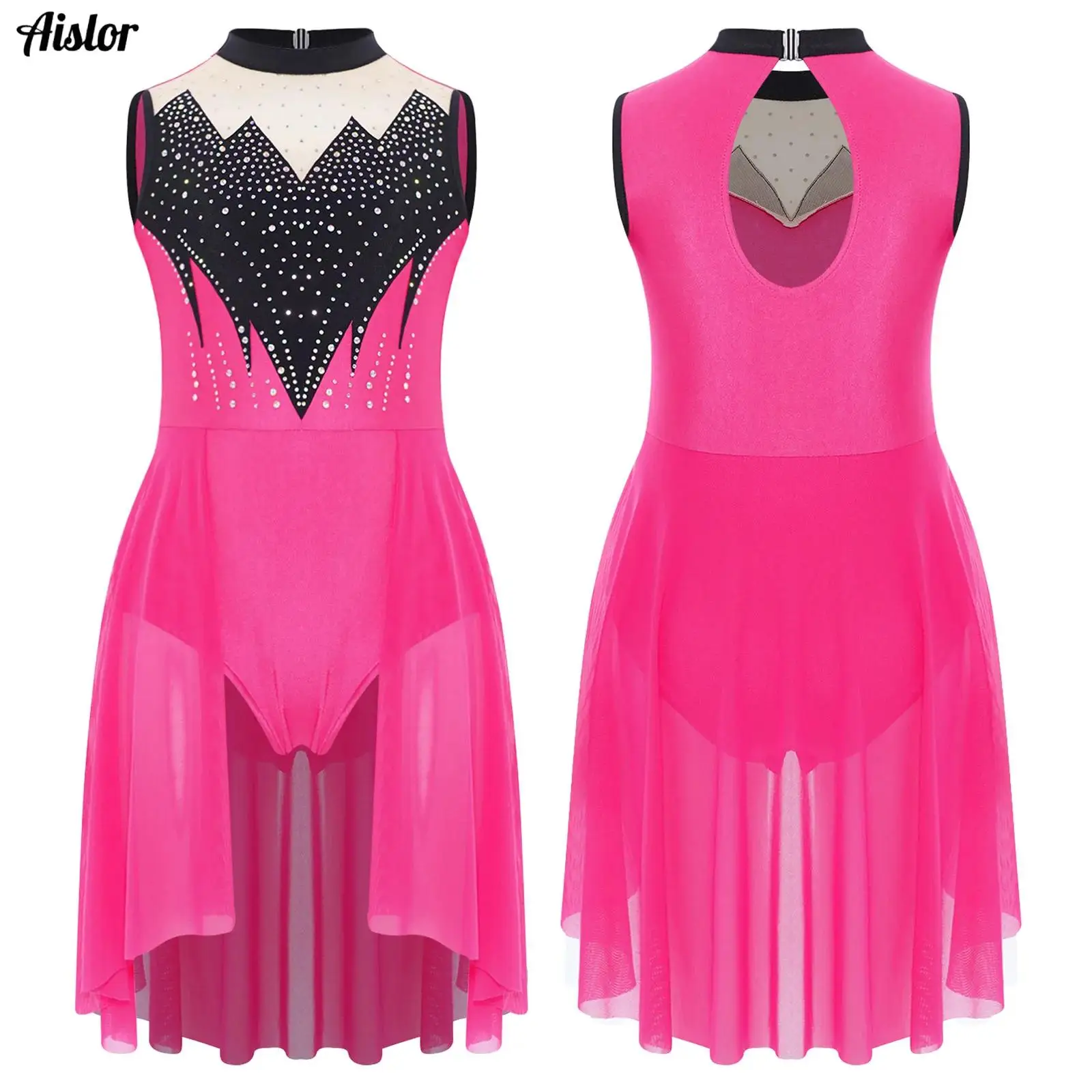 

Kids Girls Lyrical Dance Dress Sleeveless Rhinestones Mesh Overlay Crotch Press Buttons Leotard Jumpsuit Figure Skating Dress