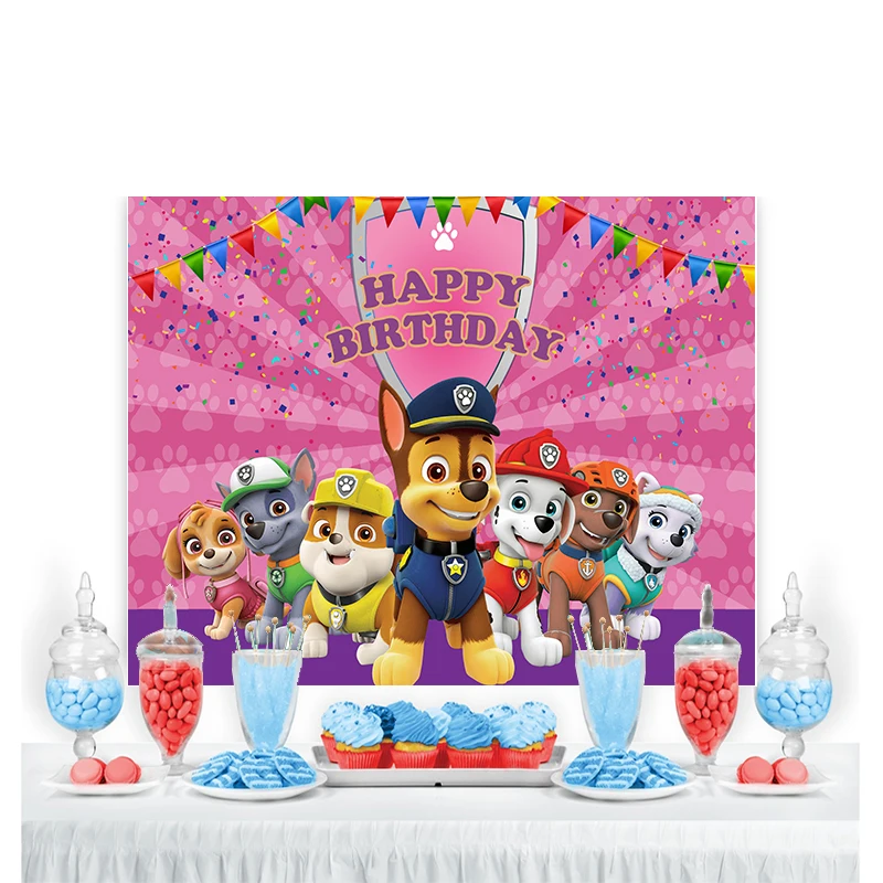 Cartoon Paw Patrol Dog Pink Backdrop Girls Birthday Party Baby Shower Background Banner Marshall Rubble Chase Rocky Zuma Skye