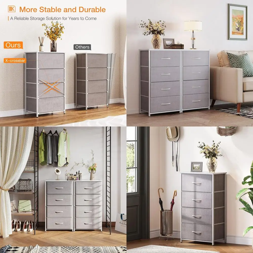 

Тумба для хранения в спальню с 4 тканевыми ящиками, прочным стальным каркасом, деревянной столешницей, светло-серая