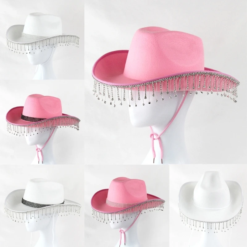 Pink West Cowboy Hat Western Cowgirl Women Girls Rhinestones Cowgirl Hat Carnival Party Cap West Costumes for Adults