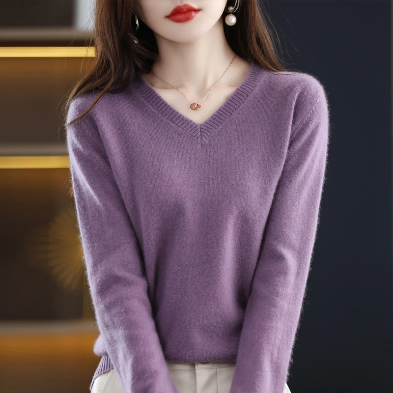 100 Australian Merino Pure Woolen Sweater Women Solid Autumn Winter V-Neck New Loose Pullover Fashion Knit Underlay Long Sleeve