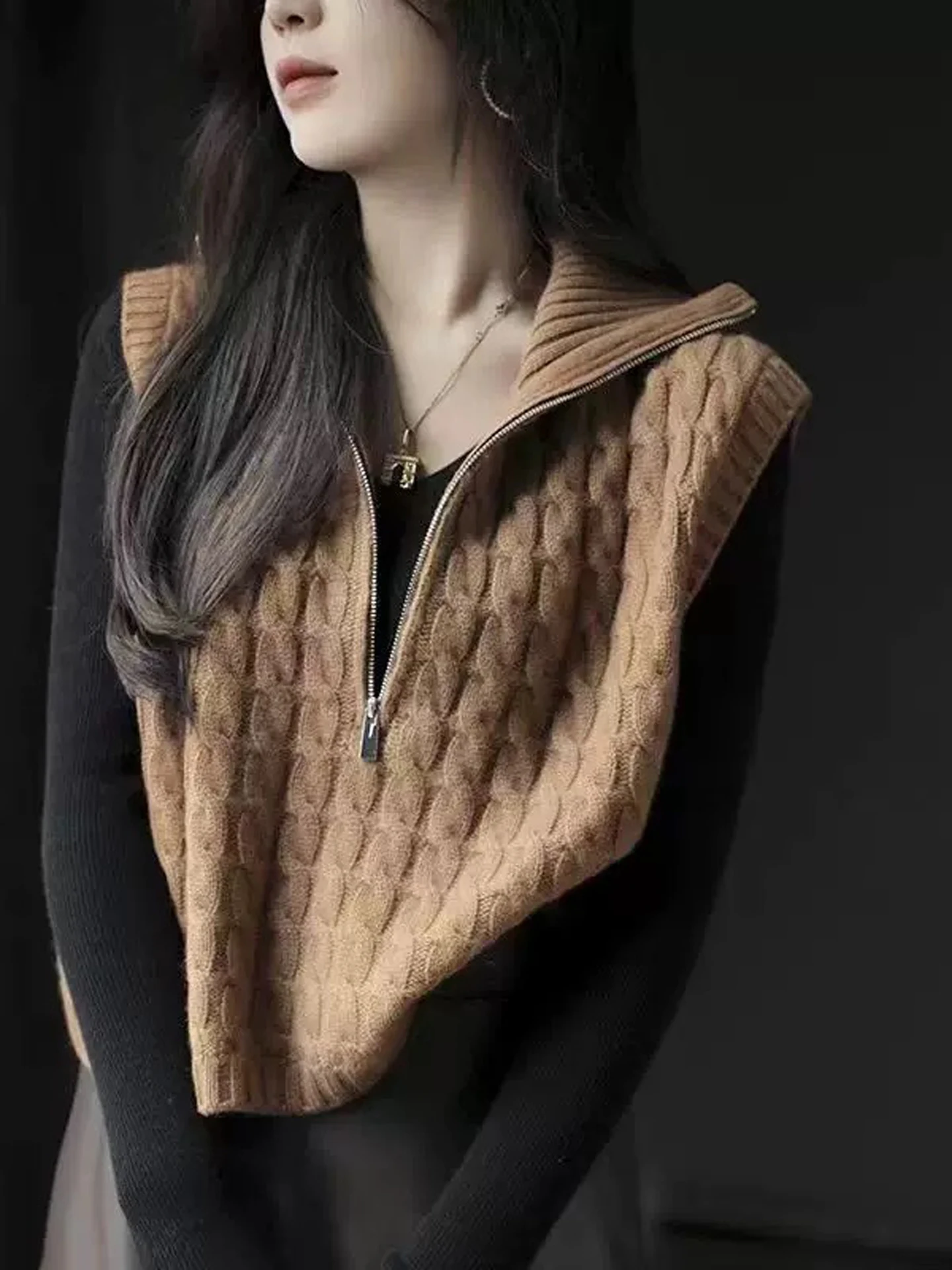 Herbst hochgeschlossene Strickweste mit halbem Reißverschluss, Damenpullover aus reinem Kaschmir, dicke Herbst- und Winter-Twist-Pullover-Weste