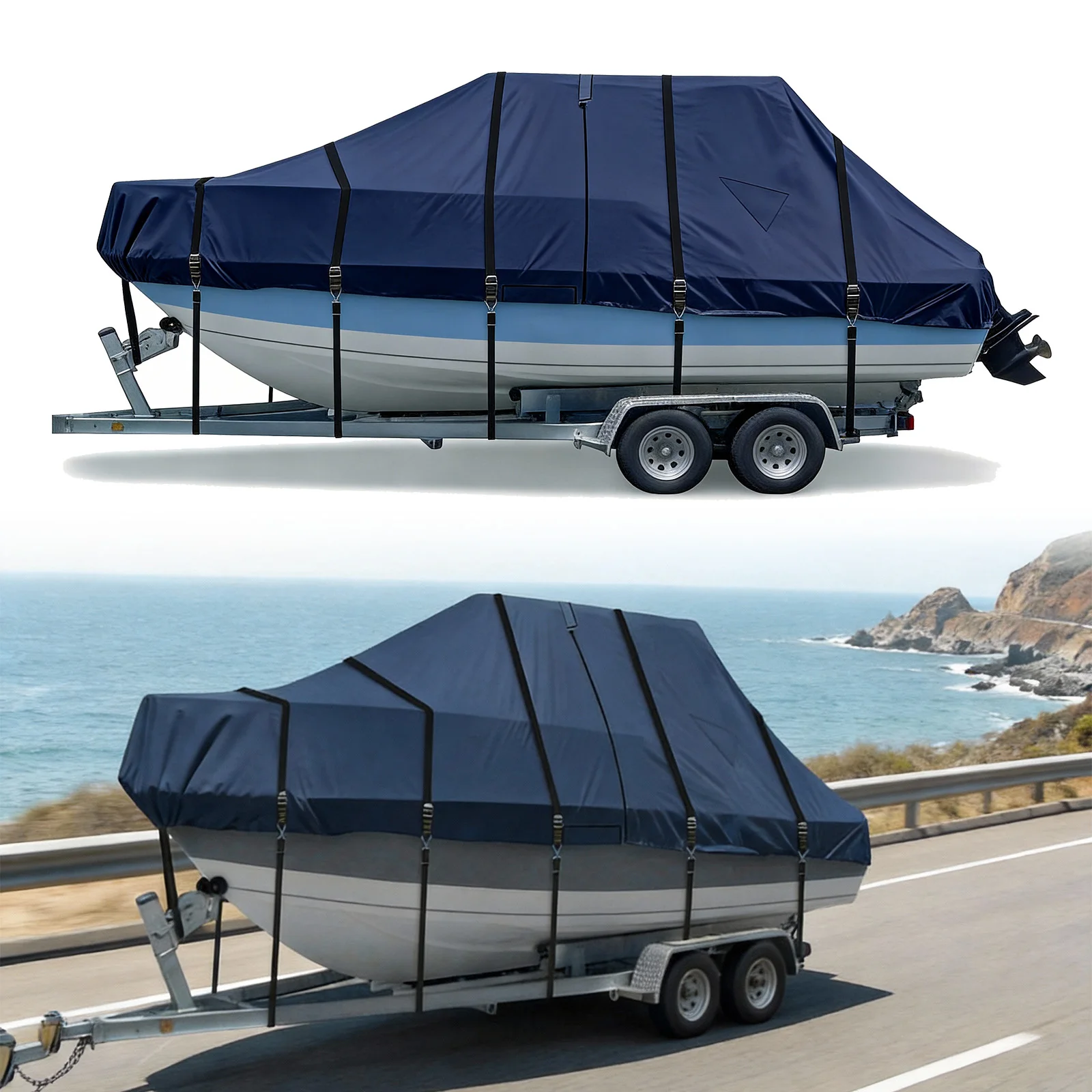 

1200D Center Console Boat Cover with Motor Covering & Adjustable Buckle Rainproof Lure Boat Sleeve UV-Proof For Protecting Roof