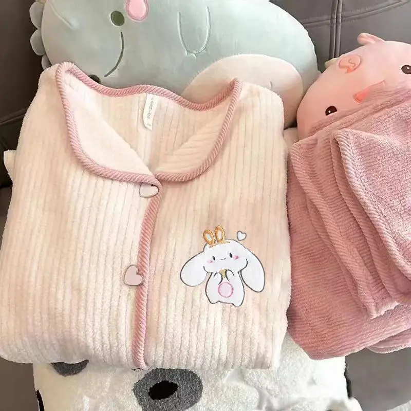 

Sanrio Cinnamoroll Women Flannel Sleeping Pajamas Sets Cuteore Cartoon Winter Nightgown Long Sleeve Pant Warm Sleepwear Homewear