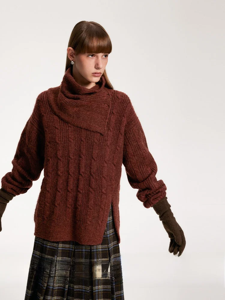 

Cisas Красный шерстяной шарф и свитер Комплект из двух предметов Свободная вязаная веревка Bule 3D Sle Commute Faion Высокий воротник Обычная длина