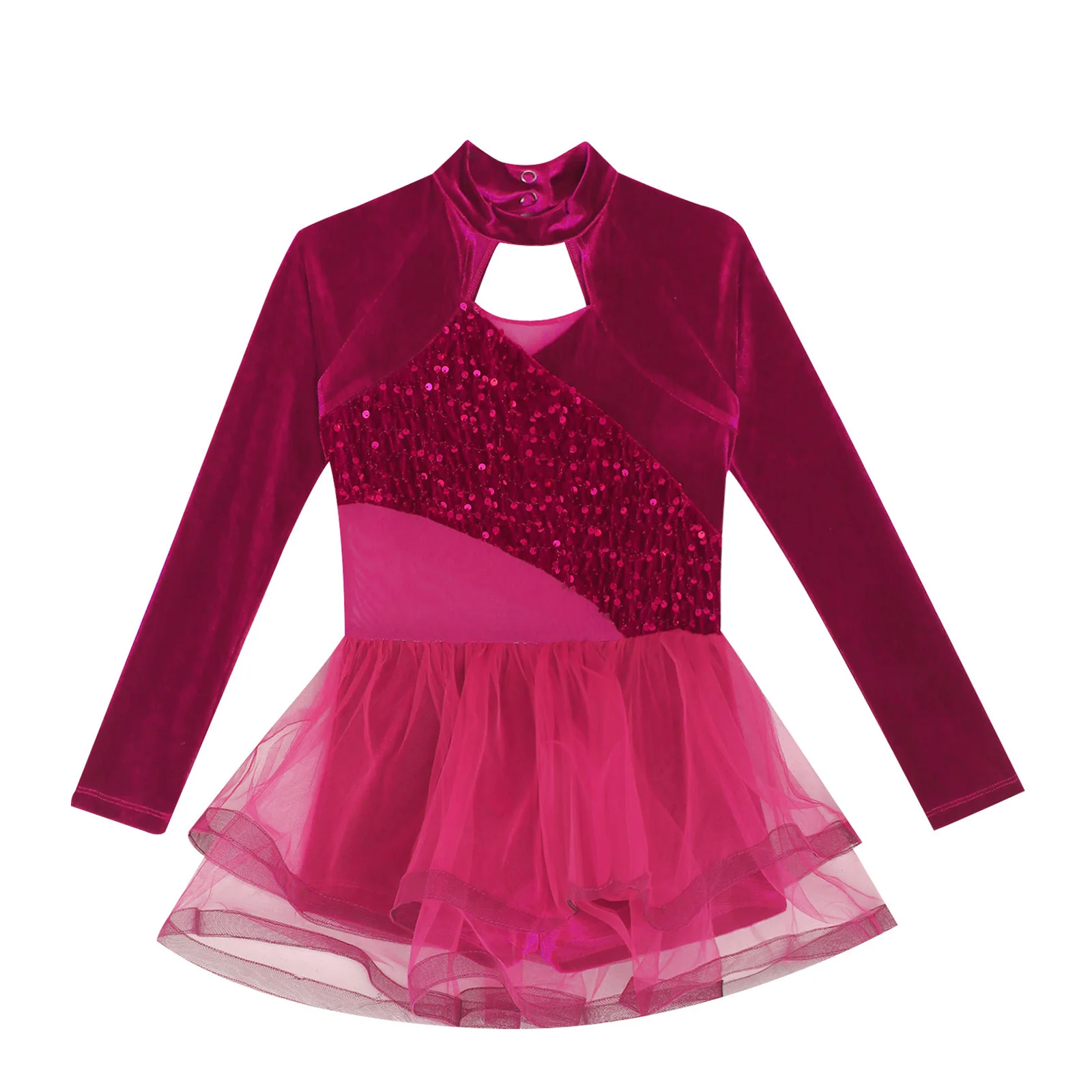 Girls Ballet Tutu Dress Lyrical Modern Dancewear Sparkling Sequin Dance Dress Long Sleeve Cutout Velvet Dresses for Party Shows