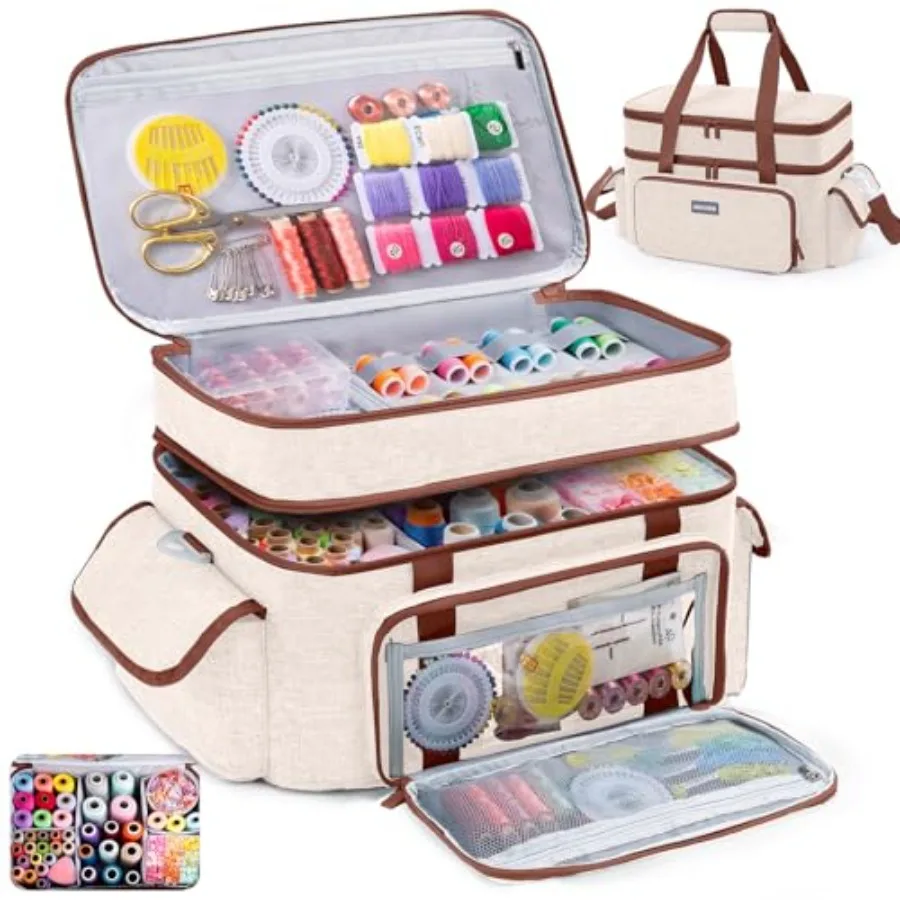 

Large 15" Double-Layer Sewing Storage Bag with Detachable Diviers Large Sewing Organizer with Shoulder Strap Elastic Loops for