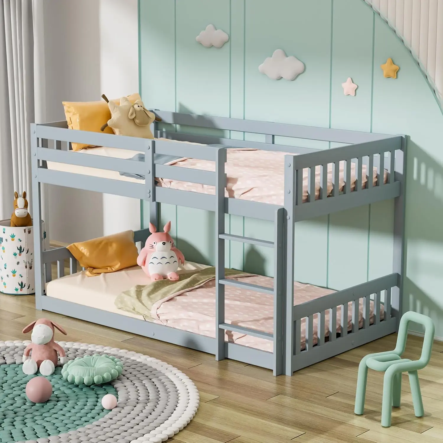 Twin Over Twin Bunk Bed for Kids Children Teens Solid Wood Bunk Bed Frame with Ladder and Guard Rail Space Saving