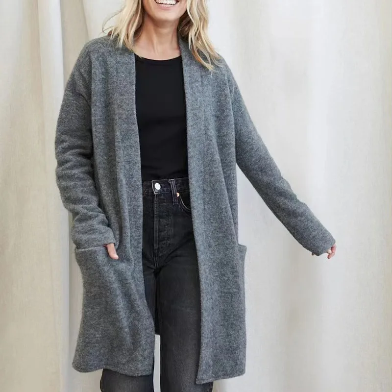 Modny Długi Sweter Dzianinowy Jednolity Kolor Kardigan Elegancki Damski Premium Jakość Luźny Krój Średniej Długości Jesień Zima...