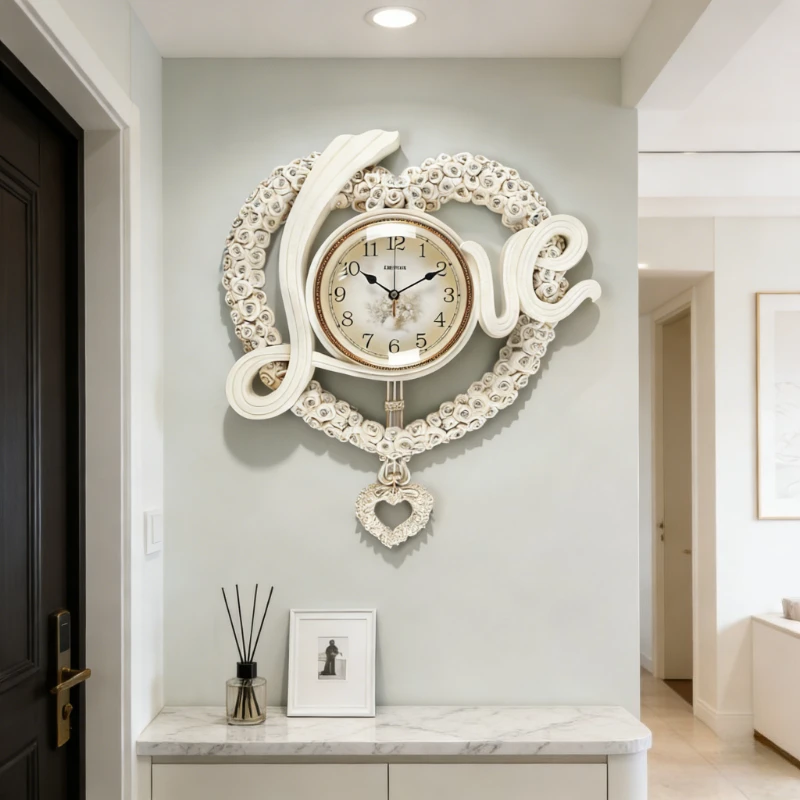 European Style Heart shaped design Living Room Swinging Wall Clock Restaurant Digital Clock Bedroom Mute Quartz Clock Home Decor