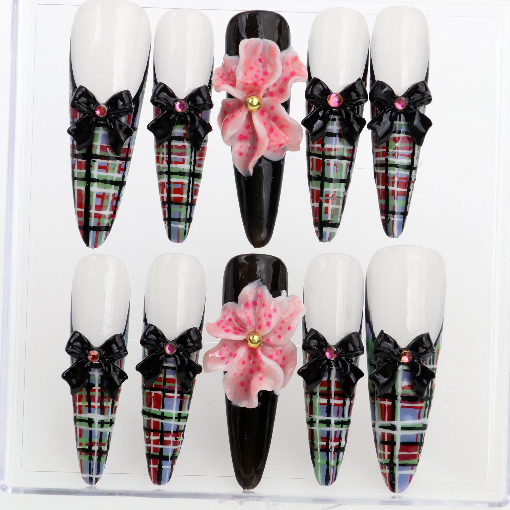 10Pcs Manicure Overlength Stiletto Handmade Polish Gingham Pearl Inlay 3D Bow Nail Pressing Design with Adhesive Nail File Set