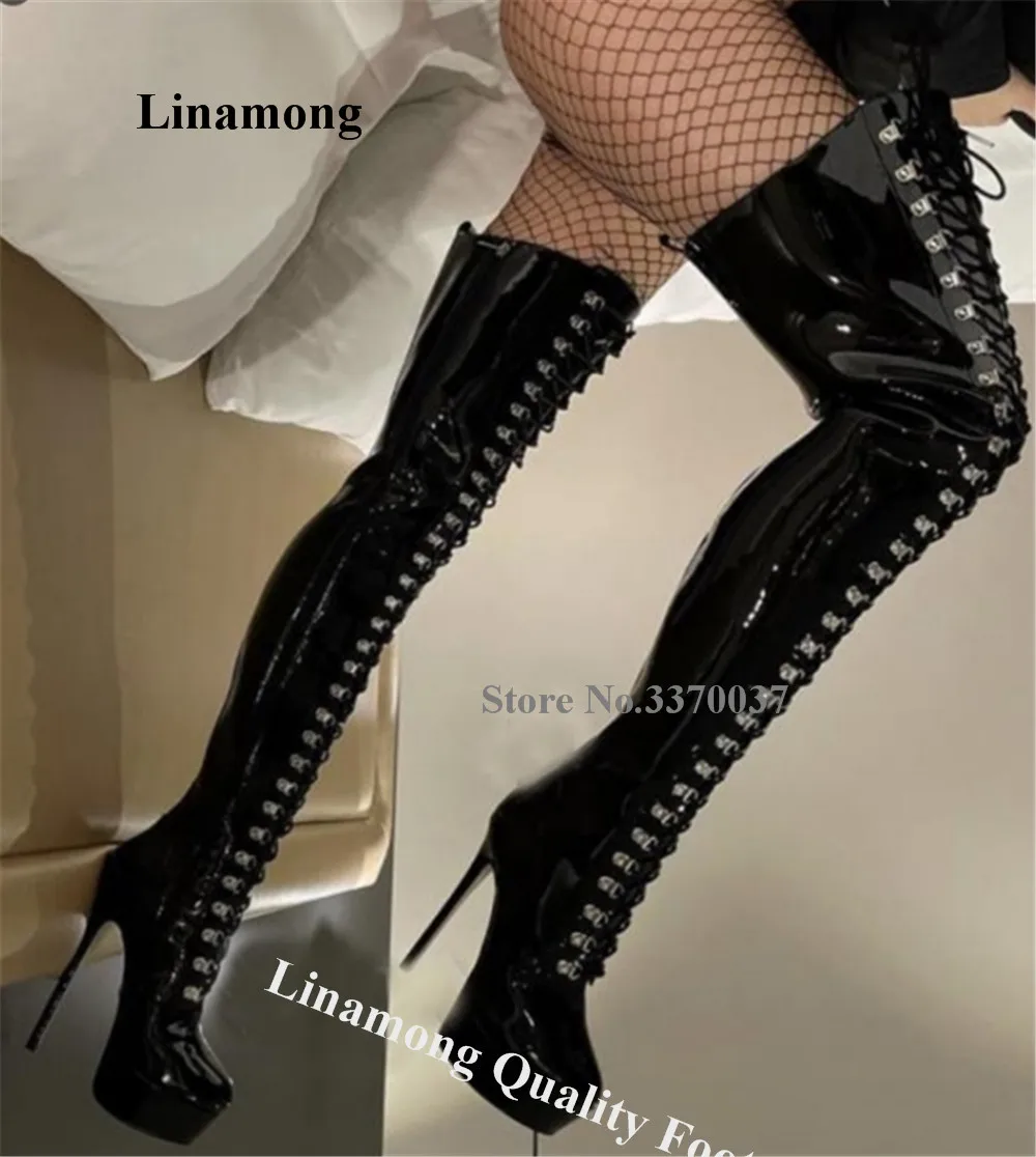 Linamong Shining Black Patent Leather Stiletto Heel Over Knee Boots Round Toe Metal Buckles High Platform Thin Heel Long Boots