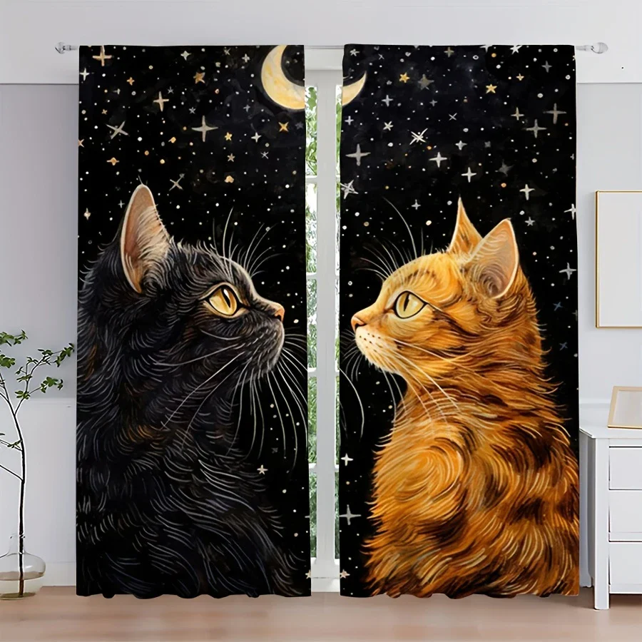 

2pcs- Orange cat pattern printed curtains under the starry sky, bag-type curtains, home decoration, room decoration