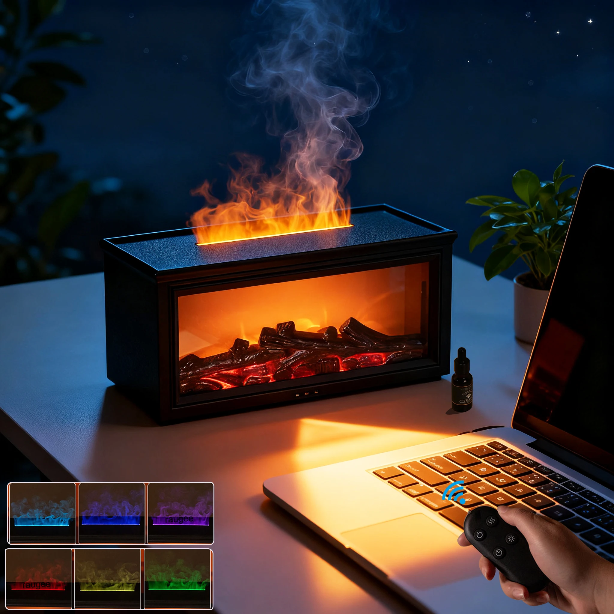 مرطب الهواء للزيوت العطرية مع جهاز تحكم عن بعد وإضاءة LED صانع ضباب عطري لهب ملون 280 مل
