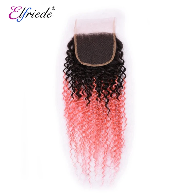 Elfriede #T1B/Pink Kinky Curly Ombre Color Hair Bundles with Closure 100% Remy Human Hair Wefts 3 Bundles with Lace Closure 4x4