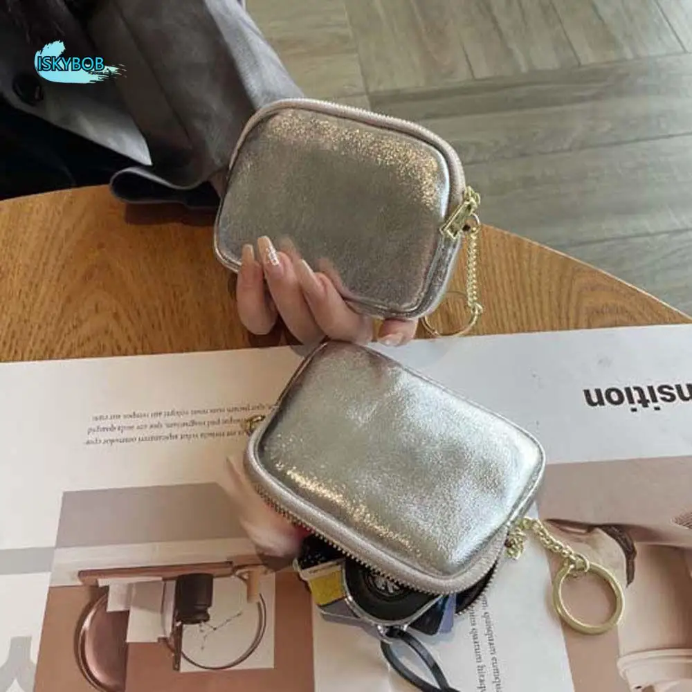 

Casual Genuine Leather Silver Wallet Korean Style Solid Color Zipper Coin Purse Earphone Pouch Mini Small Item Bag Women