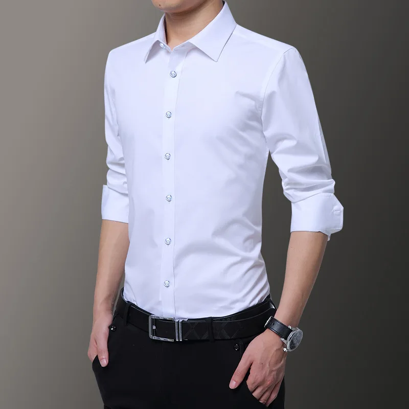 Sale White Solid V-Neck Men's Clothing Full Formal Busines Dress Shirts Cotton Full For Four Seasons For Men