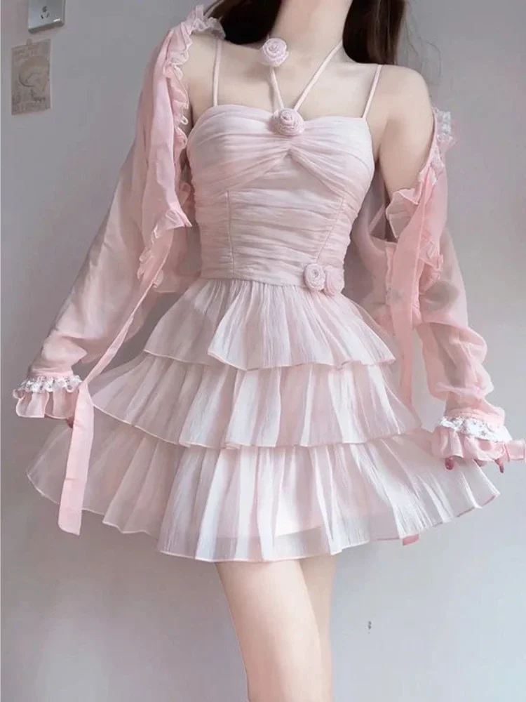 

Two Pieces Set Pink Sexy Y2k Aesthetic Fairy Ball Gown Camisole Dress+Japanese Women Sweet Grunge Fashion Long Sleeve Cardigans