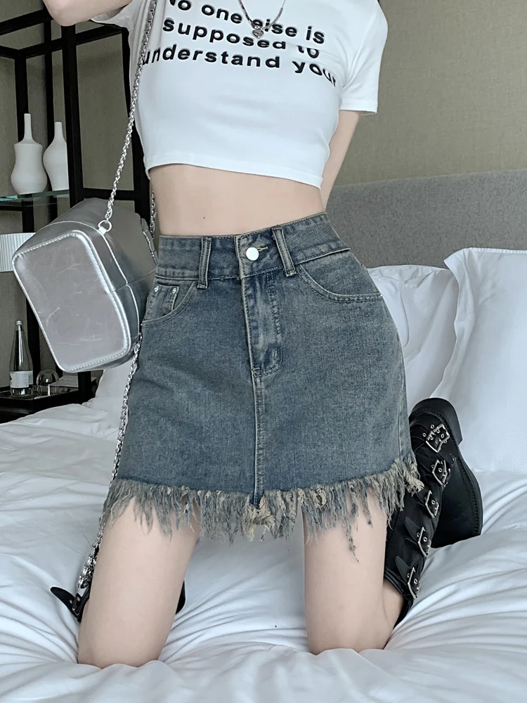 Gonna a trapezio a vita alta Gonne di jeans da donna Primavera Autunno Nuovo design Gonne coreane Sle ort con frange dimagranti