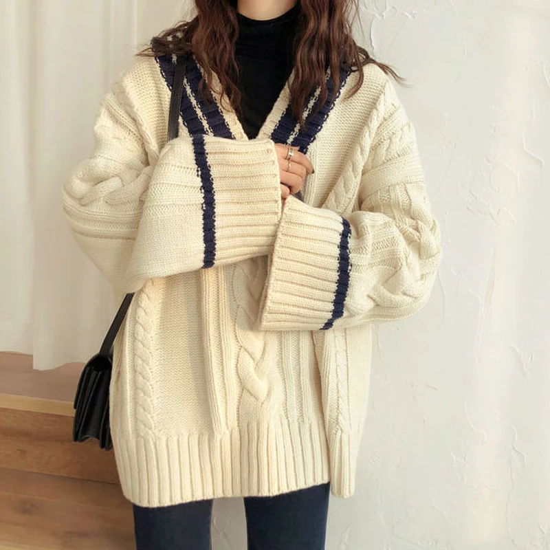 HELIAR Women Thickened Warm Sweater Ribbed Patchwork V-Neck Loose Casual Pullovers Knit Office Jumpers Sweater Autumn Winter