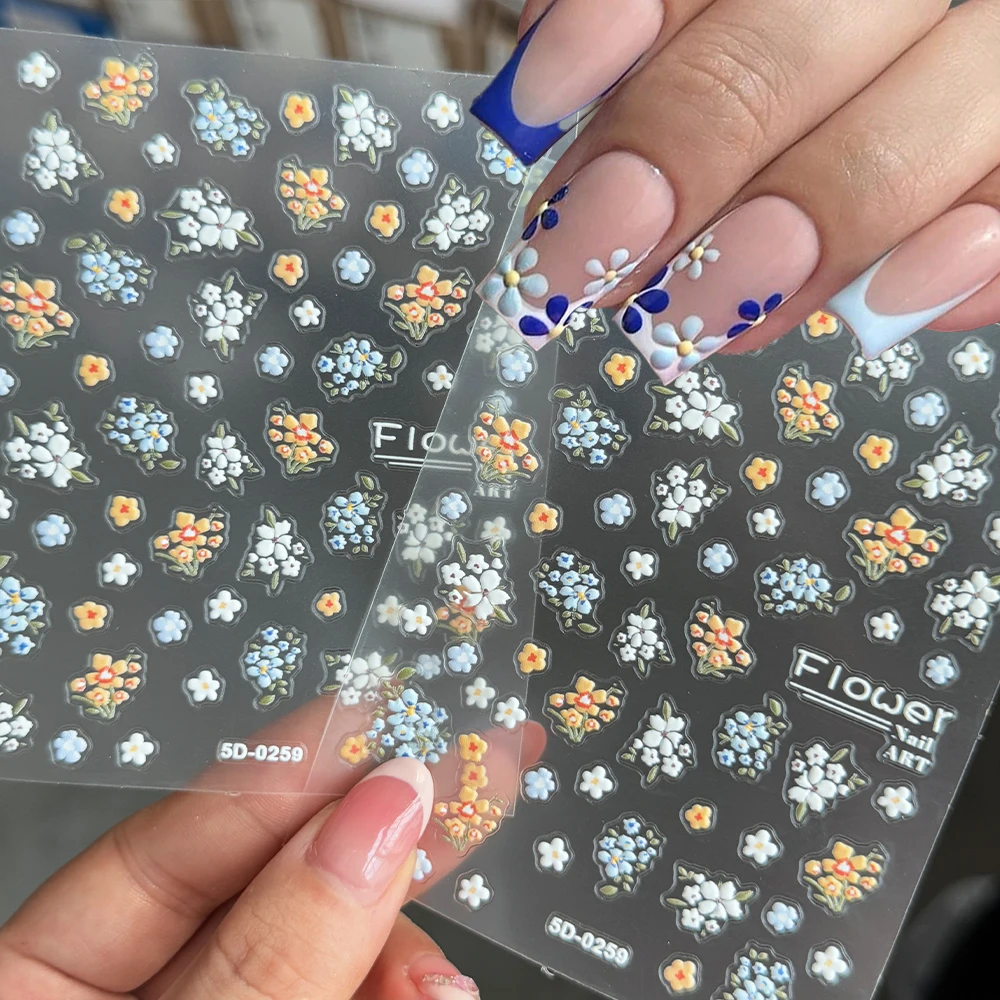 5D Embossed Elegant Flower Clusters Nail Sticker Blue/White/Yellow Spring Blossom Floral Nail Decals Self-adhesive Manicure Deco