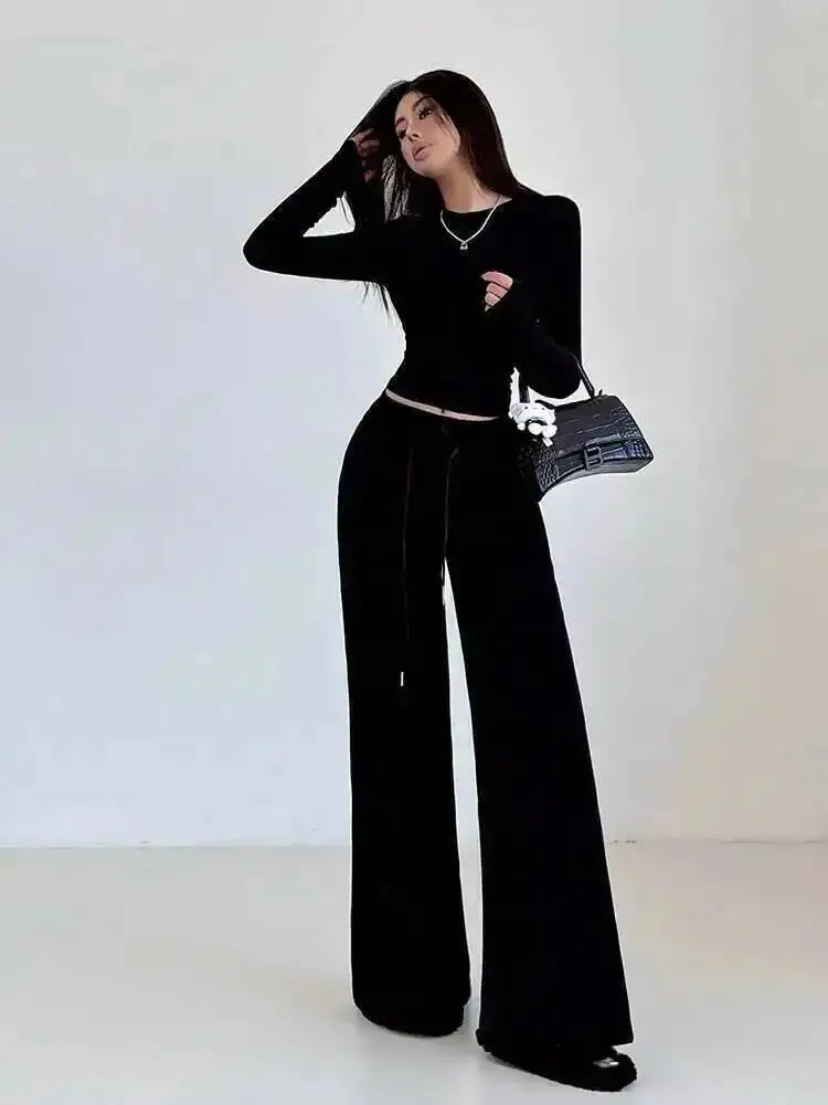 الأمريكية الساخنة فتاة زر مرونة الخصر الرباط بنطال ذو قصة أرجل واسعة المرأة 2025 الخريف فضفاض موضة غير رسمية النساء السراويل 8IOS