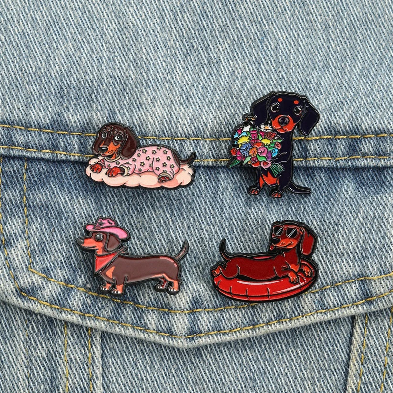 Niedliche Emaille-Anstecknadeln mit Dackel-Hunden, Blumenstrauß, Cowboyhut-Broschen, Abzeichen, Cartoon-Tier-Welpen, schicker Schmuck, Geschenk für Freunde
