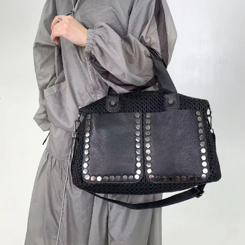 

Gothic Black Studded Mesh Tote Bag, PU Leather Rivet Decor Crossbody Handbag, Punk Rock Shoulder Bag for Women