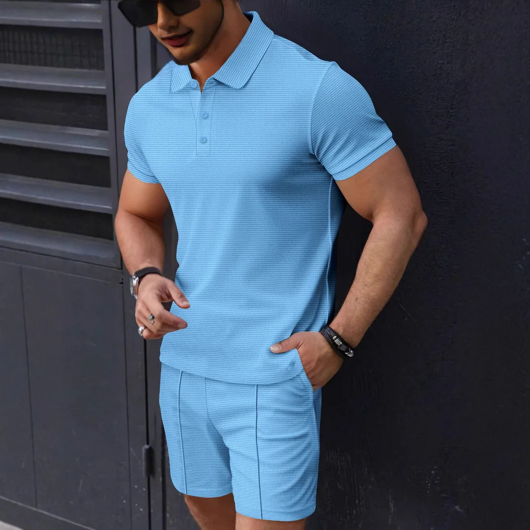 

2025 Summer Casual Short Sleeve Solid Color Collarless Polo Shirt Set for Men - Two Pieces