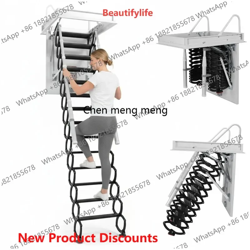 Escalera de ático montada en el techo de 12 peldaños con pasamanos, escalera de pared con capacidad de 660 libras, altura ajustable para espacios reducidos