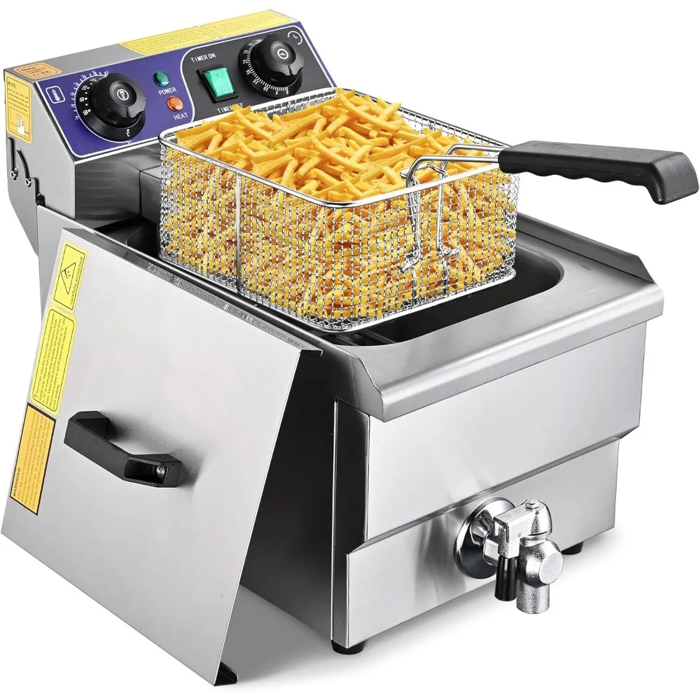 Commercial Electric Deep Fryer 11.7L 1500W Fryer w/Time Control and Oil Filtration Single Removable Basket Stainless Steel