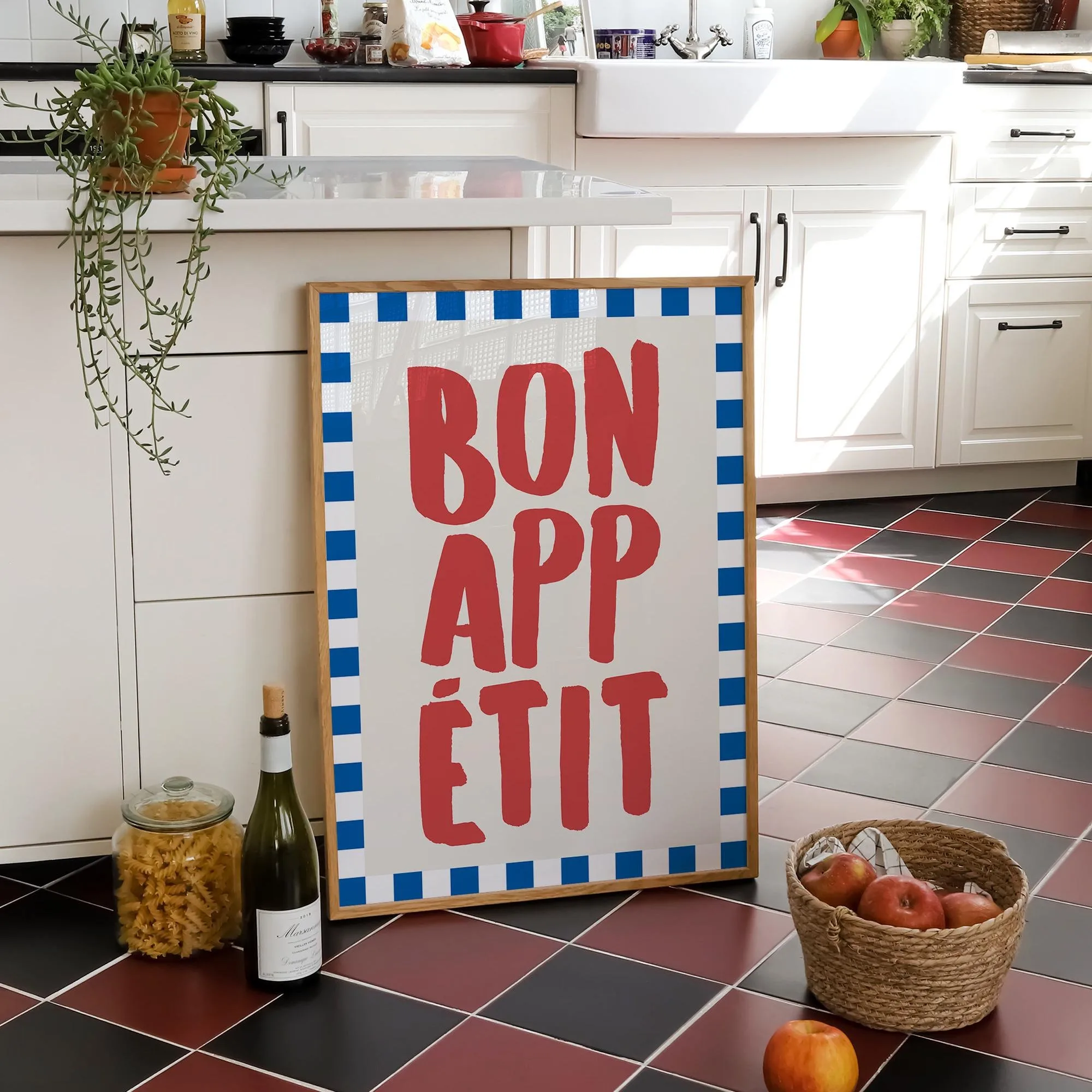 Bon Appetit Food Kitchen Canvas Print Typography White Blue Striped Kitchen Wall Art Poster for Modern Living Room Home Decor