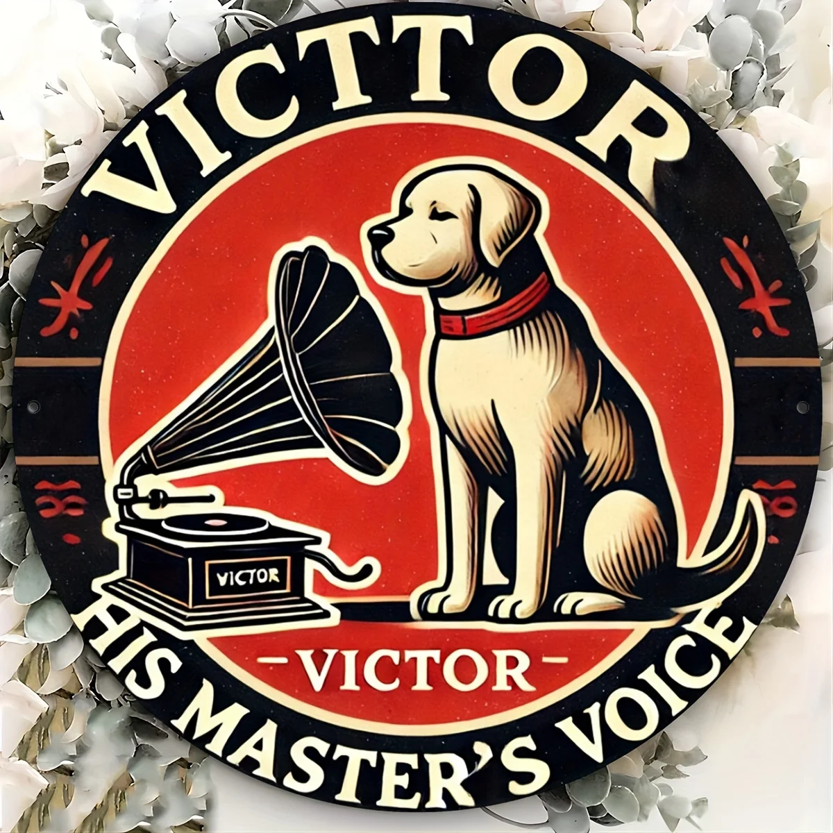 Vintage Style Dog and Gramophone Aluminum Sign, 7.87x7.87inch Round Wall Plaque, 