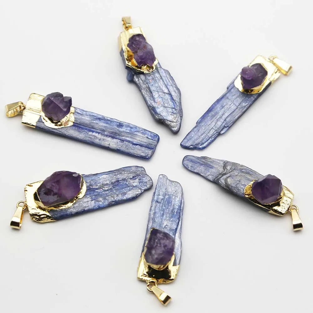 Natural Stone Blue Crystal Strip Amethyst Pendant Necklace Raw Ore Cure Fashion Charms Jewelry Making Accessories Wholesale 8Pcs