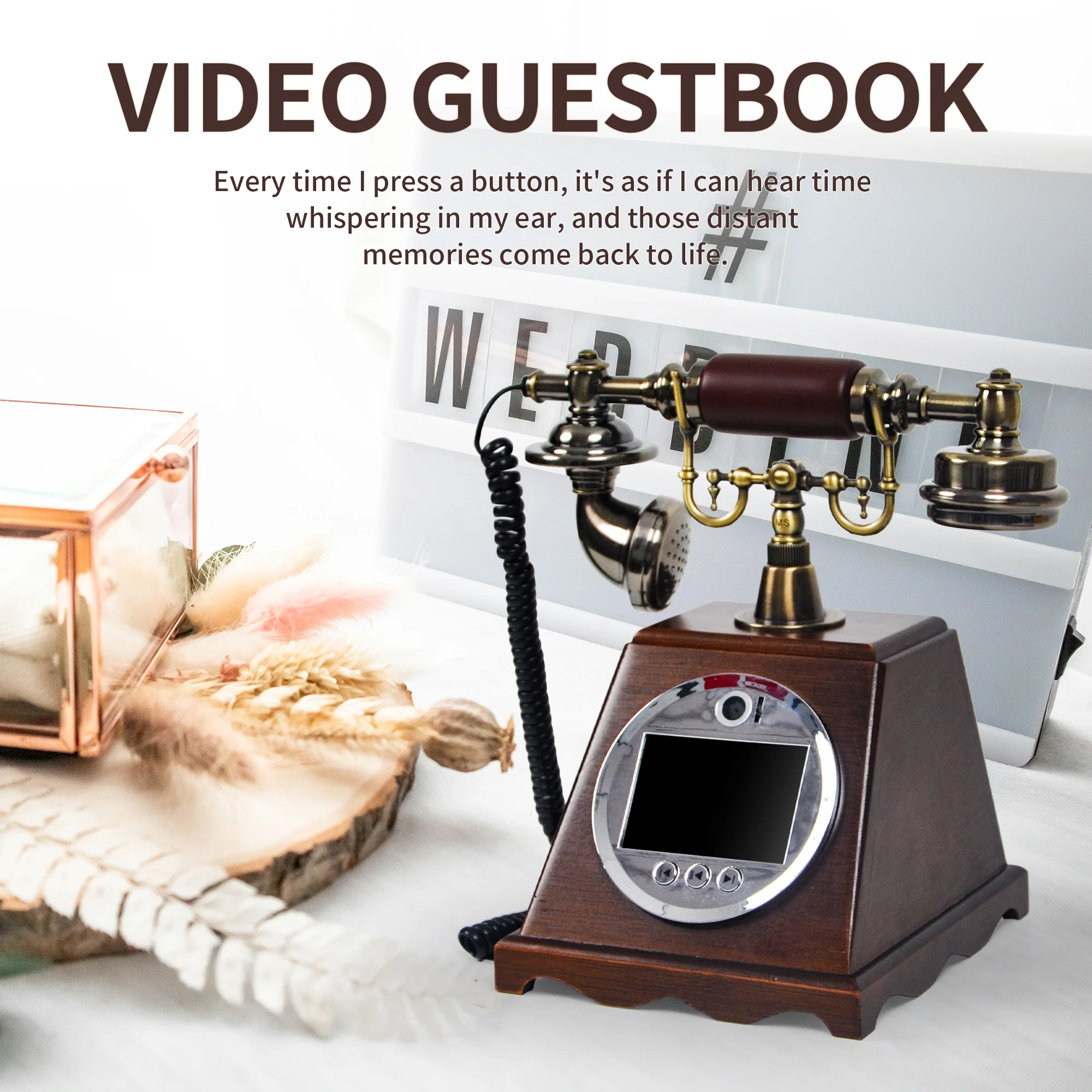 Retro style wedding party video guest book phone retro phone message recording 2K resolution video audio message book phone