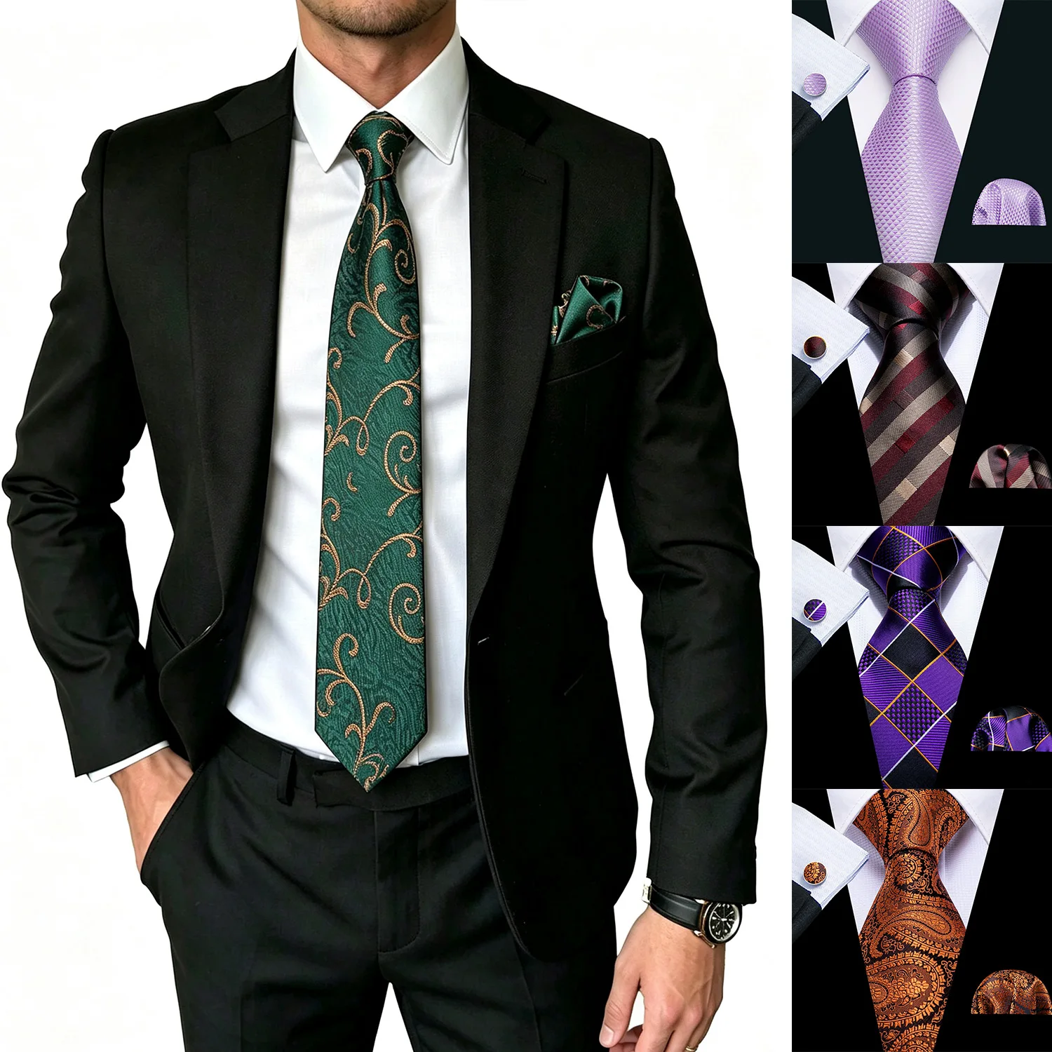 Scroll Vine Striped Plaid Mens Tie Set 3 Piece, Necktie Cufflinks Pocket Square For Wedding