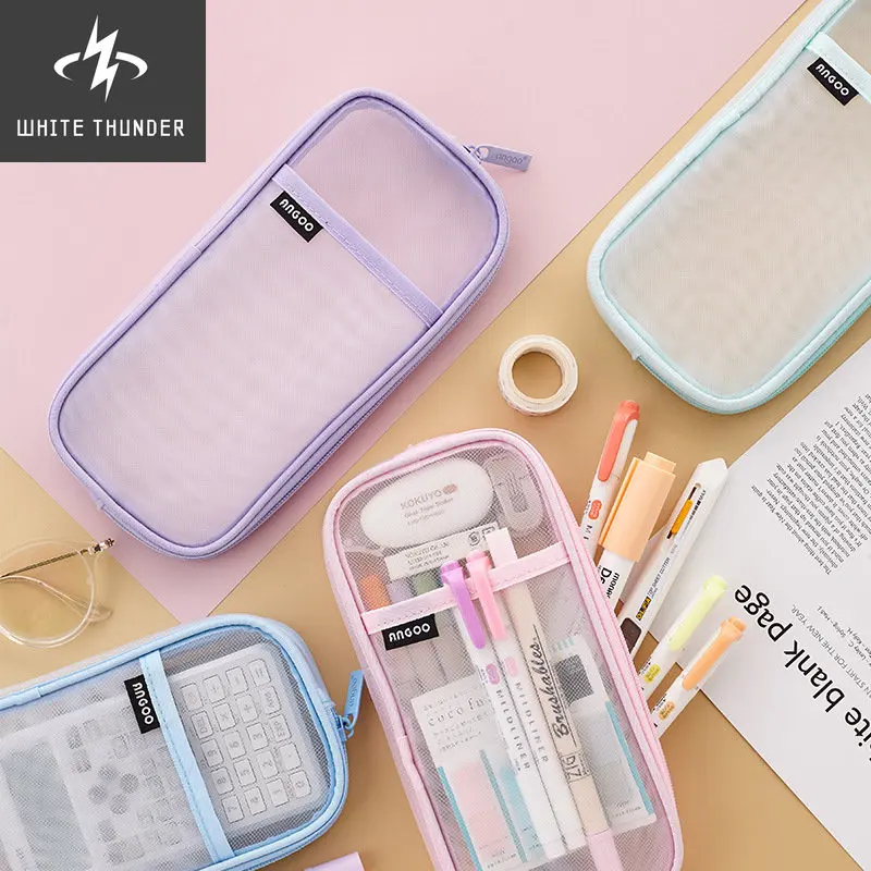 1pcs Angoo Transparent Mesh Pencil Case Pen Bag High Quality Ice Cream Color Storage Pouch Organizer for Stationery School A6452