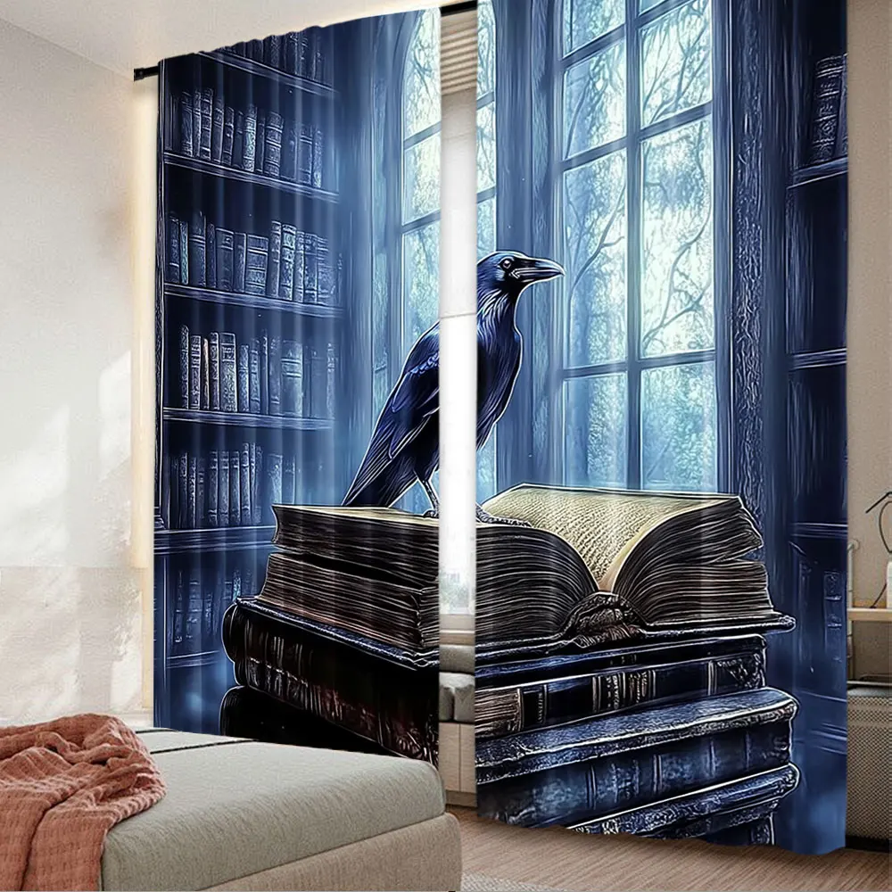 2Pcs Gothic Raven Curtains Steampunk Style Retro Bookshelf Black Crow Window Curtains For Bedroom Living Room Halloween Decor A