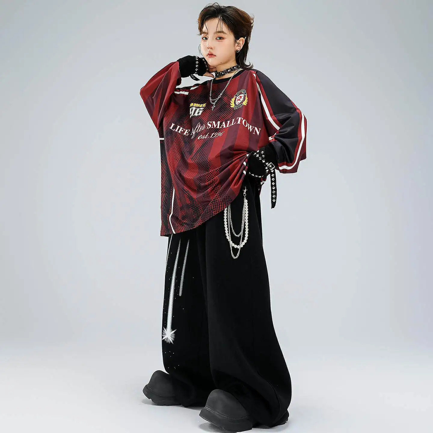 Teen Boys Gilrs Kids Fashion Hiphop Red Wine-colored Jersey+Black Meteor Pants Sets Children Track Suits Streetwear Sweatpant
