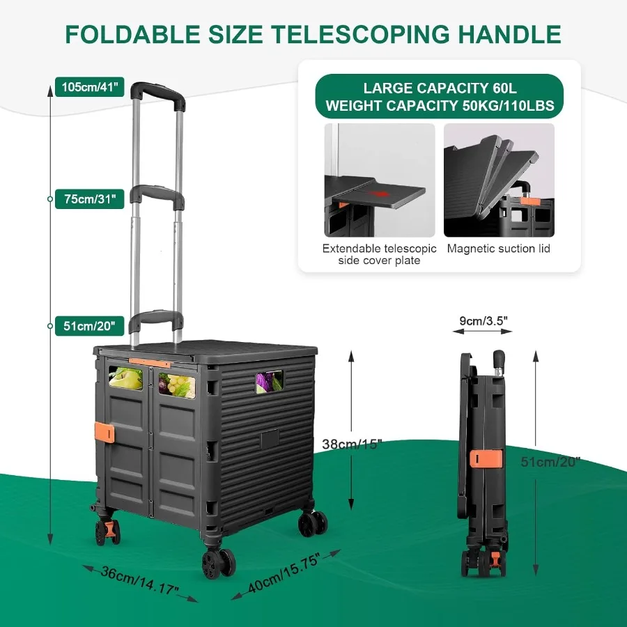 عربة أدوات محمولة قابلة للطي مع غطاء منزلق مغناطيسي ومقبض تصغير للسفر والتسوق والمكتب المتحرك والفصول الدراسية