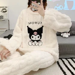 Sanrio Cartoon 2Pcs Kuromi Pajama Set Kawaii  Anime Women Plush Homewear Winter Thicken Long Sleeves Pants Girls Cute Keep Warm