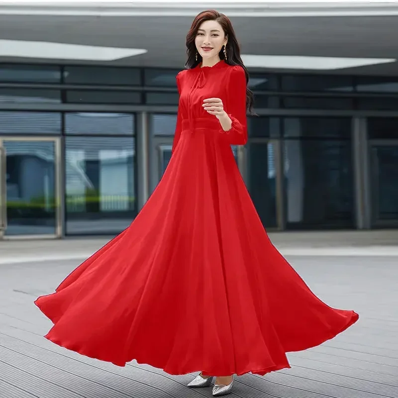 

Elegant Casual O-neck Long Sleeve White Slender Dresses Spring Fashion Belt Empire Chiffon Solid Color Women's Clothing P68