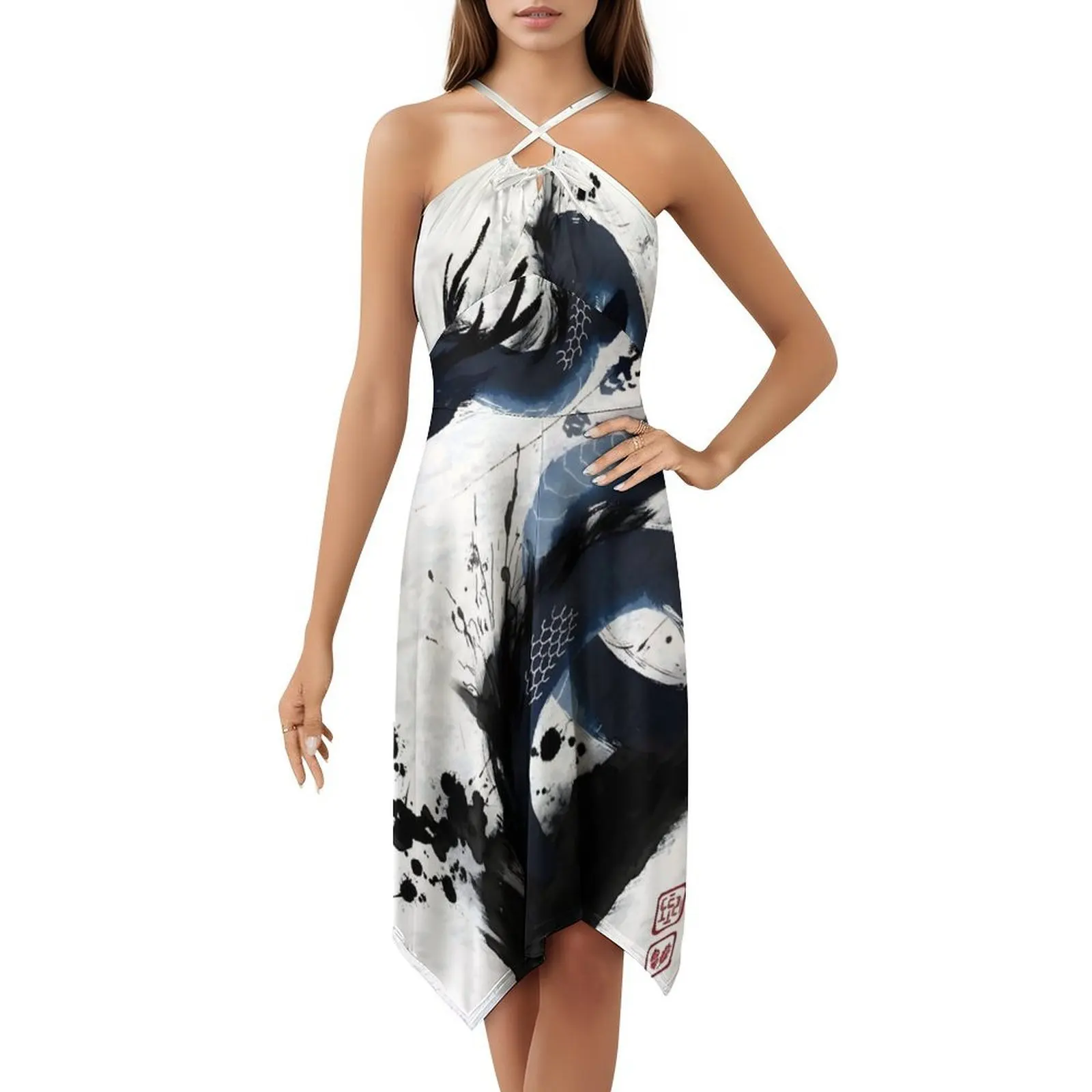فستان ياباني داكن الجانب التنين الحبر غسل البوهيمي بلا أكمام متعدد الطباعة شاطئ عطلة فستان الحفلات اليابانية اليابان الوشم الأزرق #5