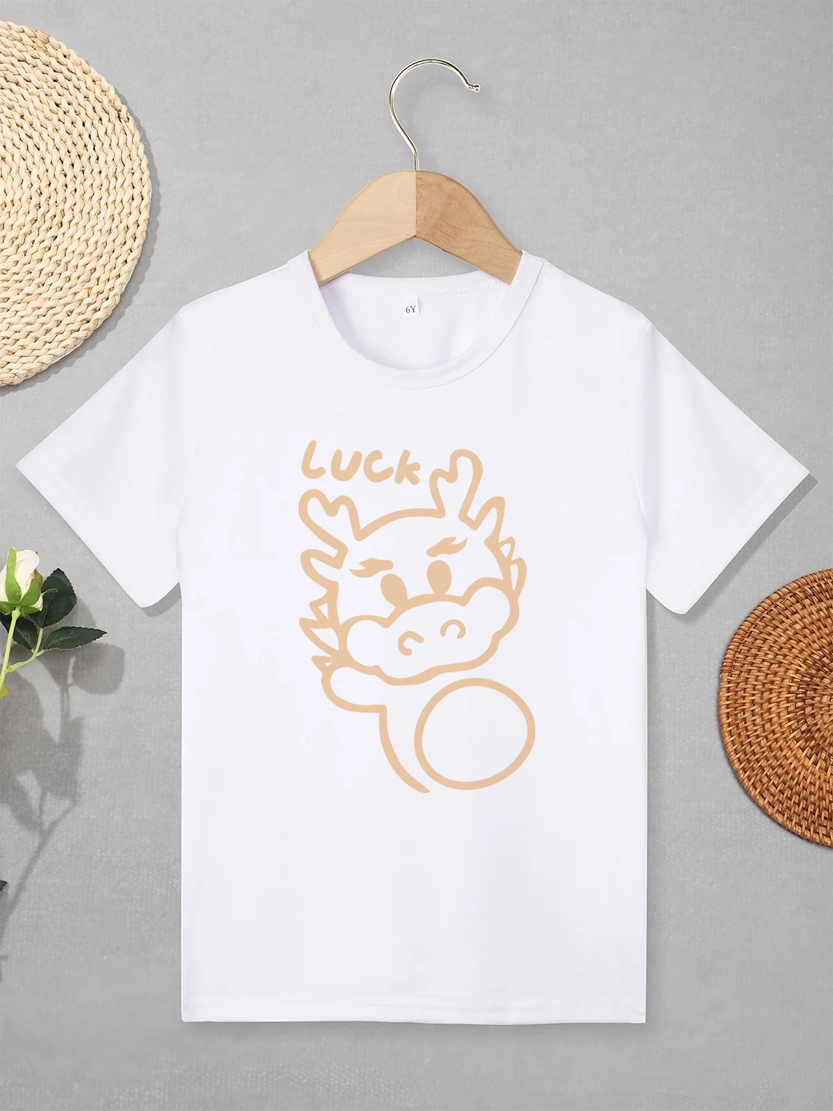 Luck Dragon Kawaii Harajuku T-shirt for Kids Short Sleeve White Casual Tops Summer Loose Breathable 3 to 7 Years Children Shirt